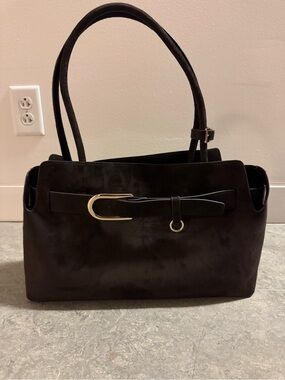 Brown Women's Suede Tote Handbag with Gold Buckle HM